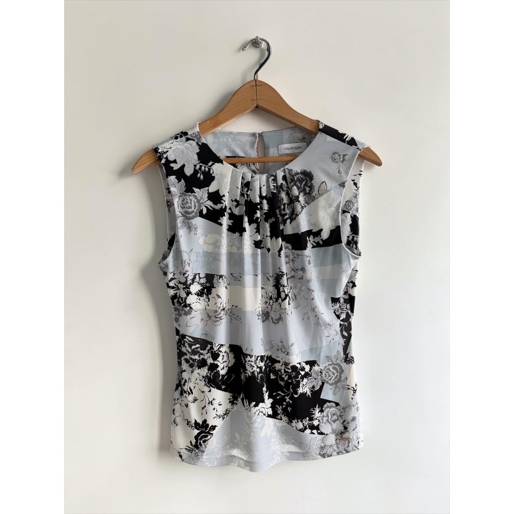 Calvin Klein Womens Floral Patchwork Sleeveless Pleated Neck Blouse Blue Black S